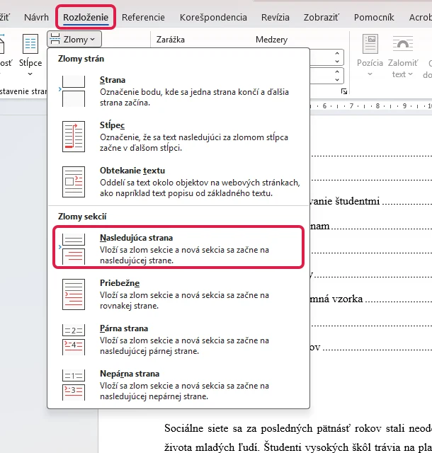 Otvorené menu Zlomy na karte Rozloženie vo Worde so zvýraznenou možnosťou Nasledujúca strana v časti Zlomy sekcií