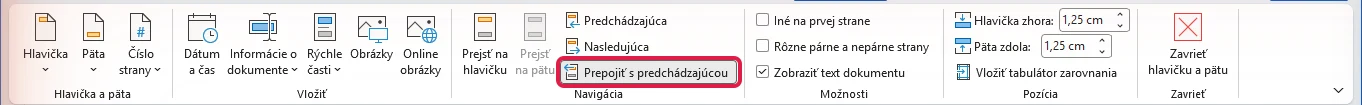 Karta Hlavička a päta vo Worde so zvýrazneným tlačidlom Prepojiť s predchádzajúcou