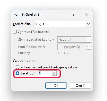 Dialógové okno Formát čísiel strán so zvýraznenou možnosťou Začať od nastavenou na hodnotu 1