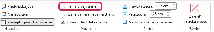 Karta Hlavička a päta vo Worde so zvýrazneným začiarkavacím políčkom Iné na prvej strane